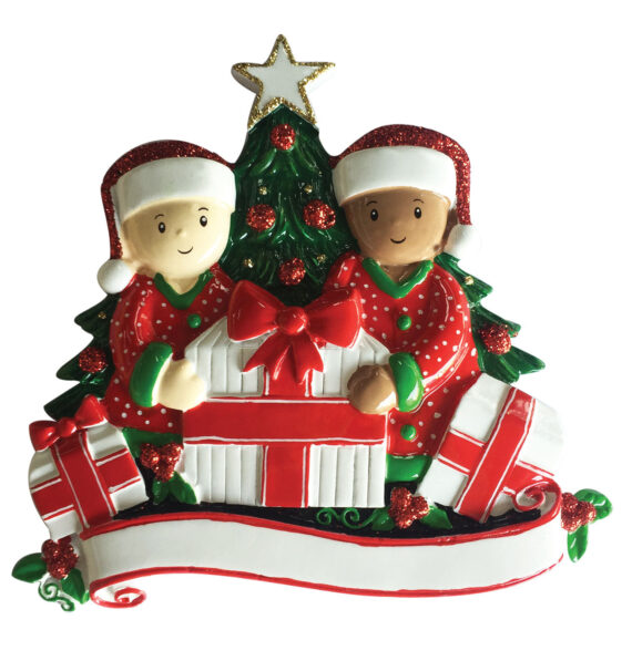 MR1523-2 - Interracial Family of 2 Opening Presents Personalized Christmas Ornament