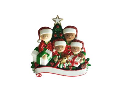 MR1523-4 - Interracial Family of 4 Opening Presents Personalized Christmas Ornament