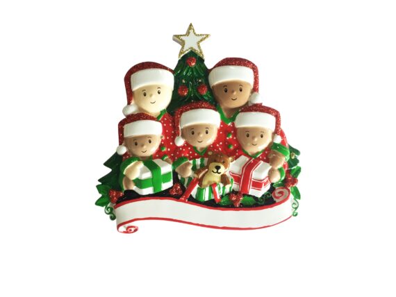 MR1523-5 - Interracial Family of 5 Opening Presents Personalized Christmas Ornament