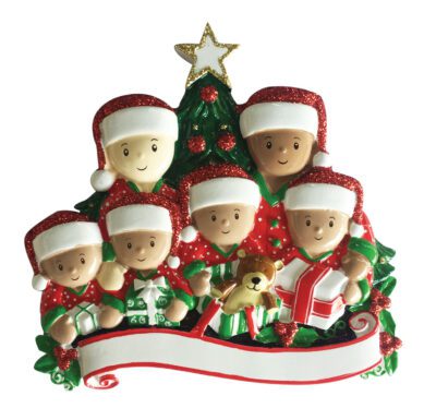 MR1523-6 - Interracial Family of 6 Opening Presents Personalized Christmas Ornament