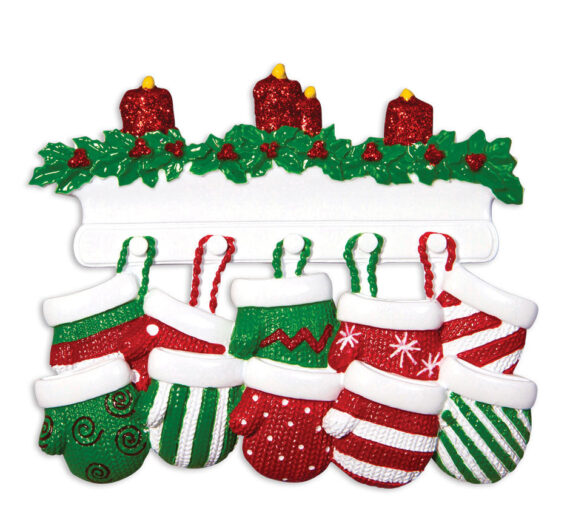 OR1570-10 - Red & Green Mitten Family of 10 Personalized Christmas Ornament