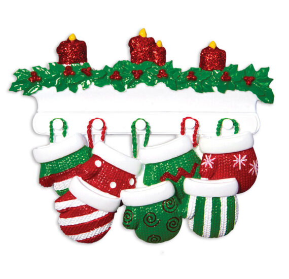 OR1570-7 - Red & Green Mitten Family of 7 Personalized Christmas Ornament