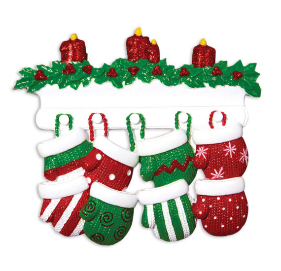 OR1570-8 - Red & Green Mitten Family of 8 Personalized Christmas Ornament