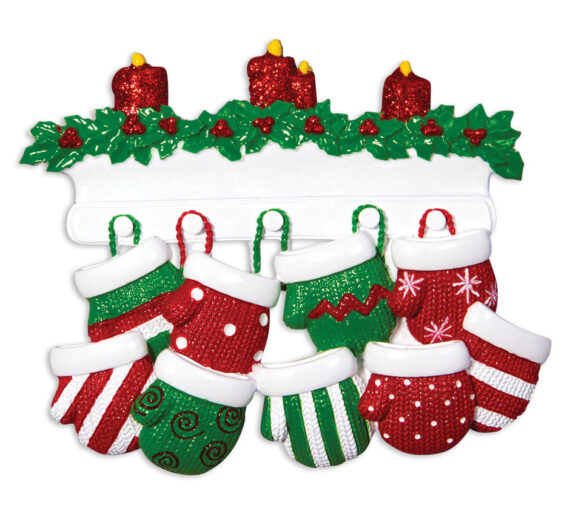 OR1570-9 - Red & Green Mitten Family of 9 Personalized Christmas Ornament