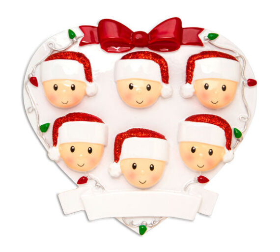 OR1601-6 - Red + Green Head On Hearts Family of 6 Personalized Christmas Ornament