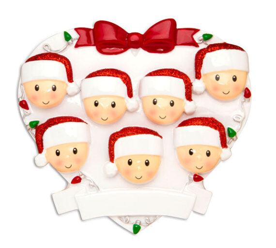 OR1601-7 - Red + Green Head On Hearts Family of 7 Personalized Christmas Ornament