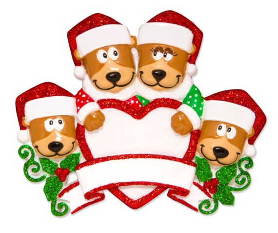 OR1604-4 - Brown Bear Family With Heart Family of 4 Personalized Christmas Ornament