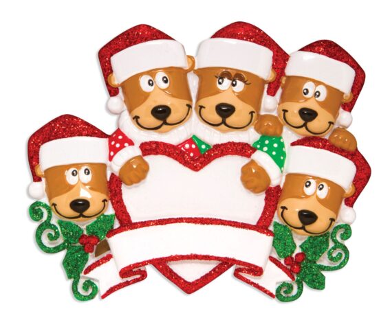 OR1604-5 - Brown Bear Family With Heart Family of 5 Personalized Christmas Ornament