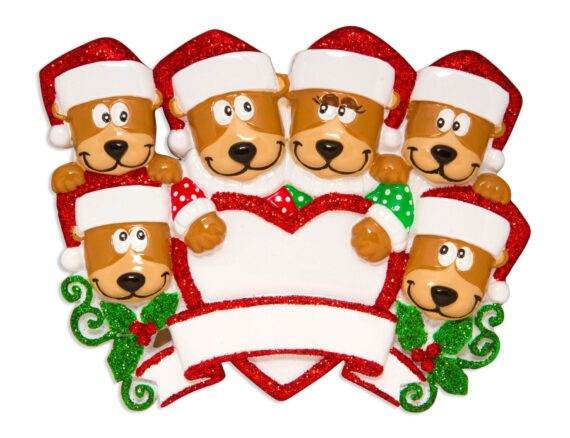OR1604-6 - Brown Bear Family With Heart Family of 6 Personalized Christmas Ornament