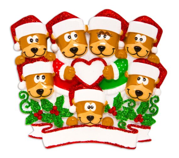 OR1604-7 - Brown Bear Family With Heart Family of 7 Personalized Christmas Ornament