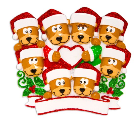 OR1604-8 - Brown Bear Family With Heart Family of 8 Personalized Christmas Ornament
