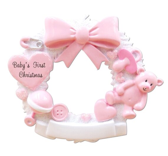 OR1640-P - Baby Christmas Wreath (Pink) Personalized Christmas Ornament