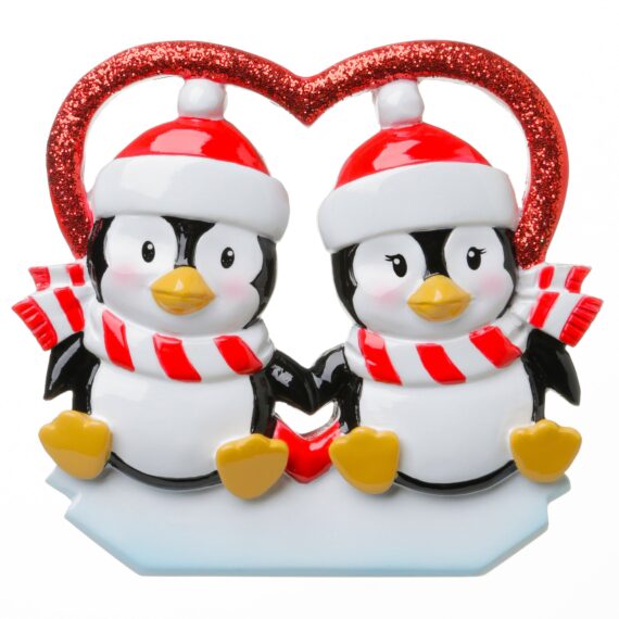 OR1721 - Penguins In Glitter Heart Personalized Christmas Ornament