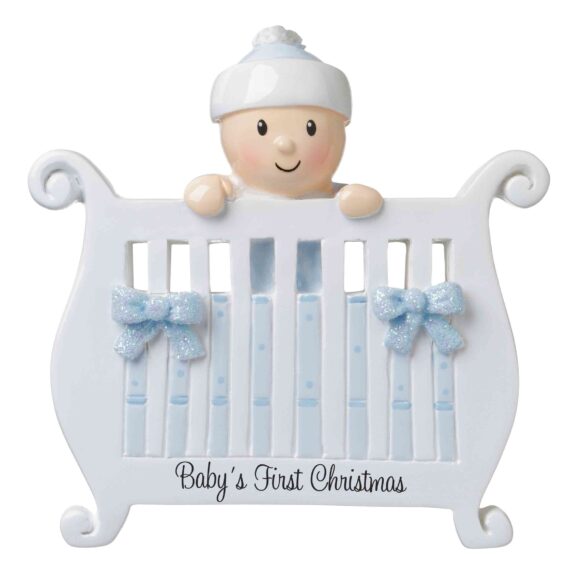 OR1732-B - Baby (Boy) in Crib Personalized Christmas Ornament