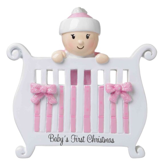 OR1732-P - Baby (Girl) in Crib Personalized Christmas Ornament