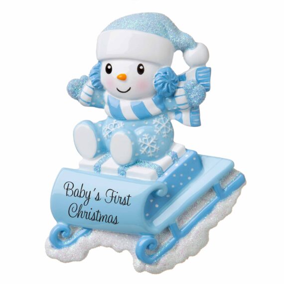 OR1742-B - Snowbaby on Sled (Blue) Personalized Christmas Ornament