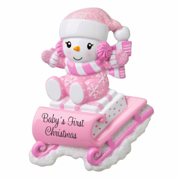 OR1742-P - Snowbaby on Sled (Pink) Personalized Christmas Ornament