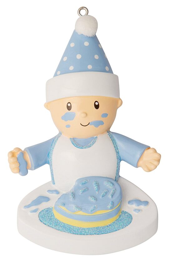 OR1744-B - Baby with Their Face in the Cake (Boy) Personalized Christmas Ornament