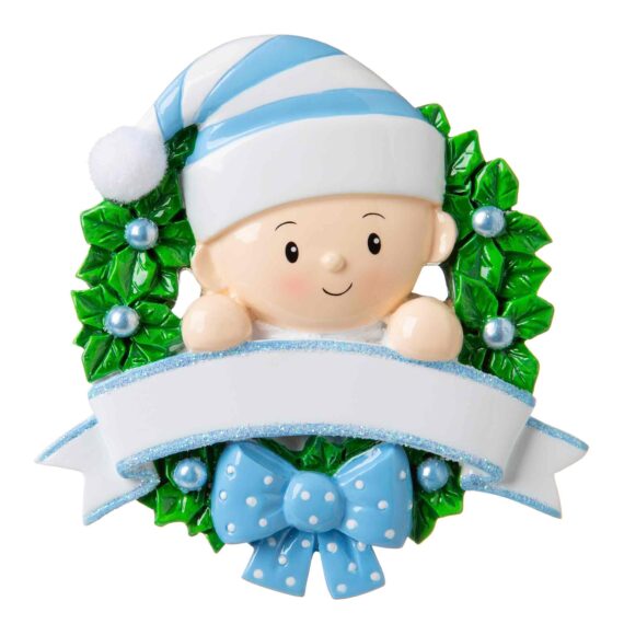 OR1746-B - Baby in a Wreath (Light Blue) Personalized Christmas Ornament