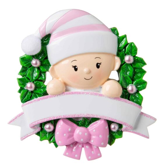 OR1746-P - Baby in a Wreath (Pink) Personalized Christmas Ornament