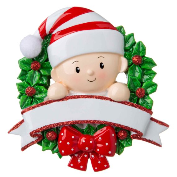 OR1746-RG - Baby in a Wreath (Red & Green) Personalized Christmas Ornament