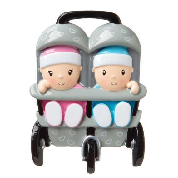 OR1748-A - New Twins in Stroller (4 Boys/4 Girls/4 Boy+Girl) Personalized Christmas Ornament