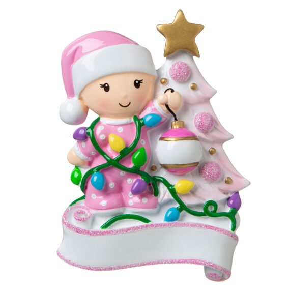 OR1847-P - Baby Decorating A Tree (Pink) Personalized Christmas Ornament