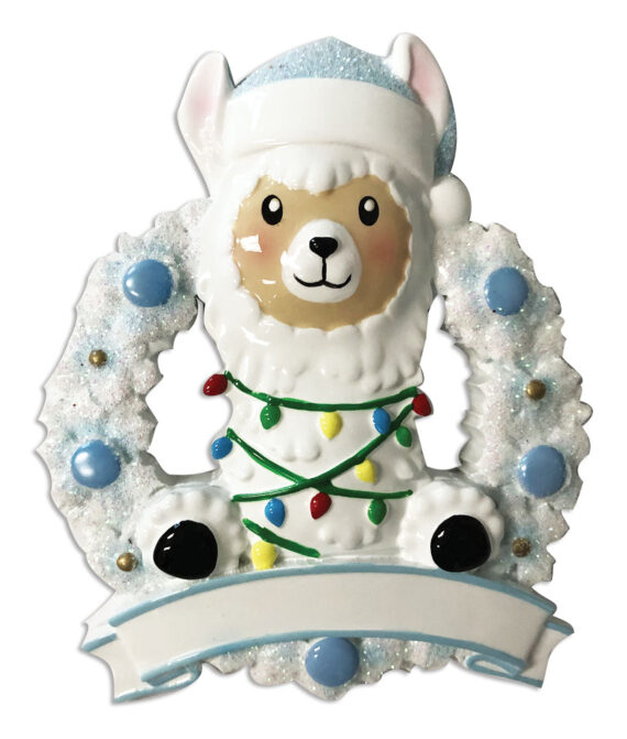 OR1903-B - Llama In Wreath (Blue) Personalized Christmas Ornament