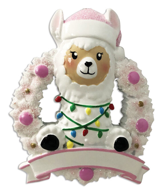 OR1903-P - Llama In Wreath (Pink) Personalized Christmas Ornament
