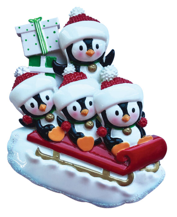 OR1915-4 - Penguin Family of 4 On Sled Personalized Christmas Ornament