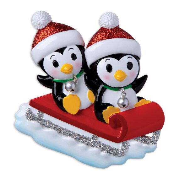 OR1915-2 - Penguin Couple On Red Sled Personalized Christmas Ornament