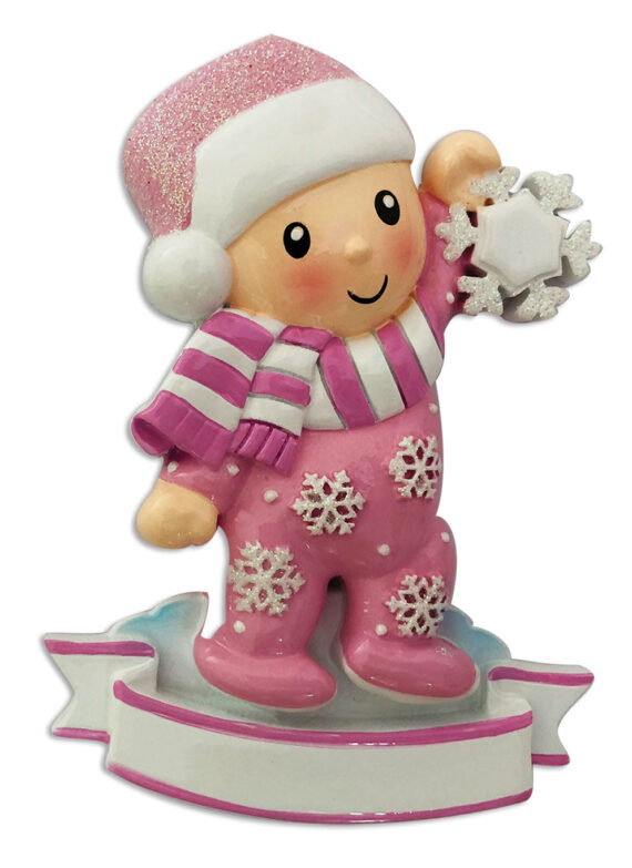 OR1920-P - Baby Girl In Pajamas Holding Snowflake-Pink Personalized Christmas Ornament