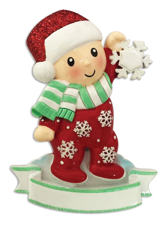 OR1920-RG - Baby Girl In Pajamas Holding Snowflake-Red&Green Personalized Christmas Ornament