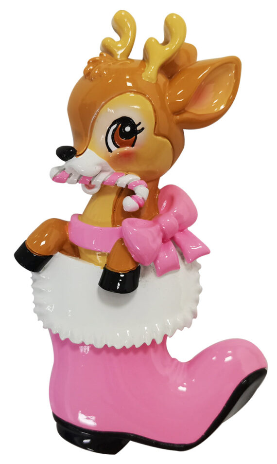 OR2393-P - Nostalgic Baby Deer in Boot (Pink) Personalized Christmas Ornament