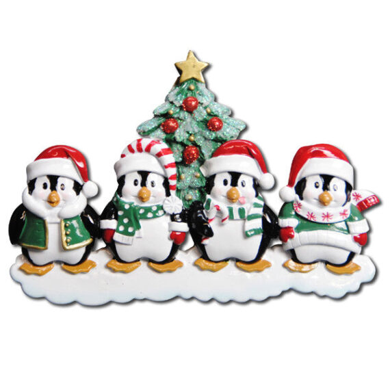 OR629-4 - Winter Penguin Family of 4 Personalized Christmas Ornament