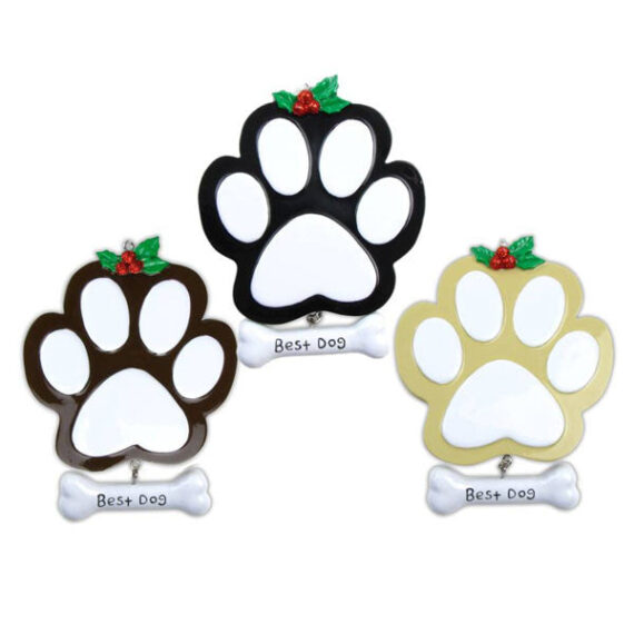 OR712-A - Dog Paw (4 Black, 4 Tan, 4 Brown) Personalized Christmas Ornament