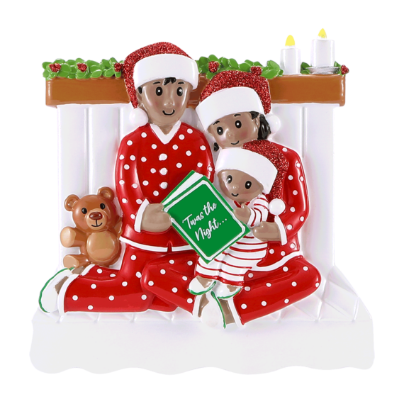AA2025-3 - Reading In Bed Family of 3 (African American) Personalized Christmas Ornament