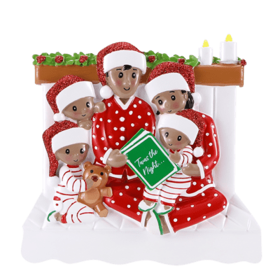 AA2025-5 - Reading In Bed Family of 5 (African American) Personalized Christmas Ornament