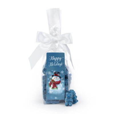 Christmas Stand Up Bow Bag with Blue Raspberry Sugar Sanded Gummy Bears - Snowman