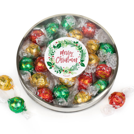 Christmas Gift Tin with Red Milk Chocolate, Green Mint and White Chocolate Gold Lindor Truffles - Merry Christmas