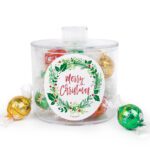 Christmas Canister with Red Milk Chocolate, Green Mint and White Chocolate Gold Lindor Truffles - Merry Christmas
