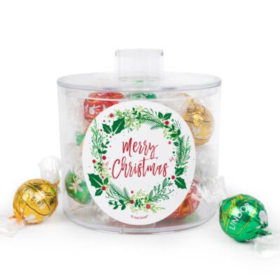 Christmas Canister with Red Milk Chocolate, Green Mint and White Chocolate Gold Lindor Truffles - Merry Christmas