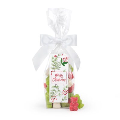 Christmas Stand Up Bow Bag with Red Cherry, Green Apple and White Mixed Fruit Sugar Sanded Gummy Bears - Merry Christmas