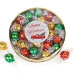 Christmas Gift Tin with Red Milk Chocolate, Green Mint and White Chocolate Gold Lindor Truffles - Red Truck
