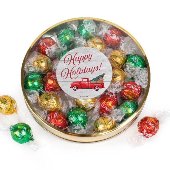 Christmas Gift Tin with Red Milk Chocolate, Green Mint and White Chocolate Gold Lindor Truffles - Red Truck