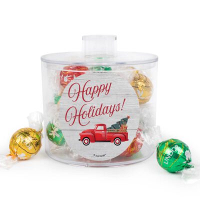Christmas Canister with Red Milk Chocolate, Green Mint and White Chocolate Gold Lindor Truffles - Red Truck