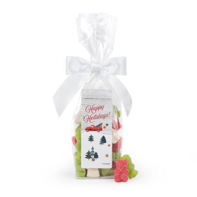 Christmas Stand Up Bow Bag with Red Cherry, Green Apple and White Mixed Fruit Sugar Sanded Gummy Bears - Red Truck