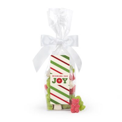 Christmas Stand Up Bow Bag with Red Cherry, Green Apple and White Mixed Fruit Sugar Sanded Gummy Bears - Joy