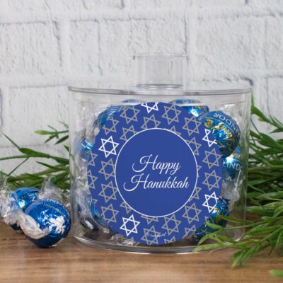 Hanukkah Canister with Blue Sea Salt Milk Chocolate Lindor Truffles - Happy Hanukkah
