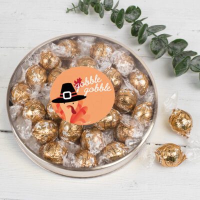Thanksgiving Gift Tin with Gold Fudge Swirl Lindor Truffles - Gobble Gobble